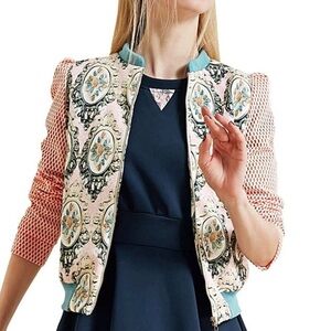 Floral mixed media bomber jacket